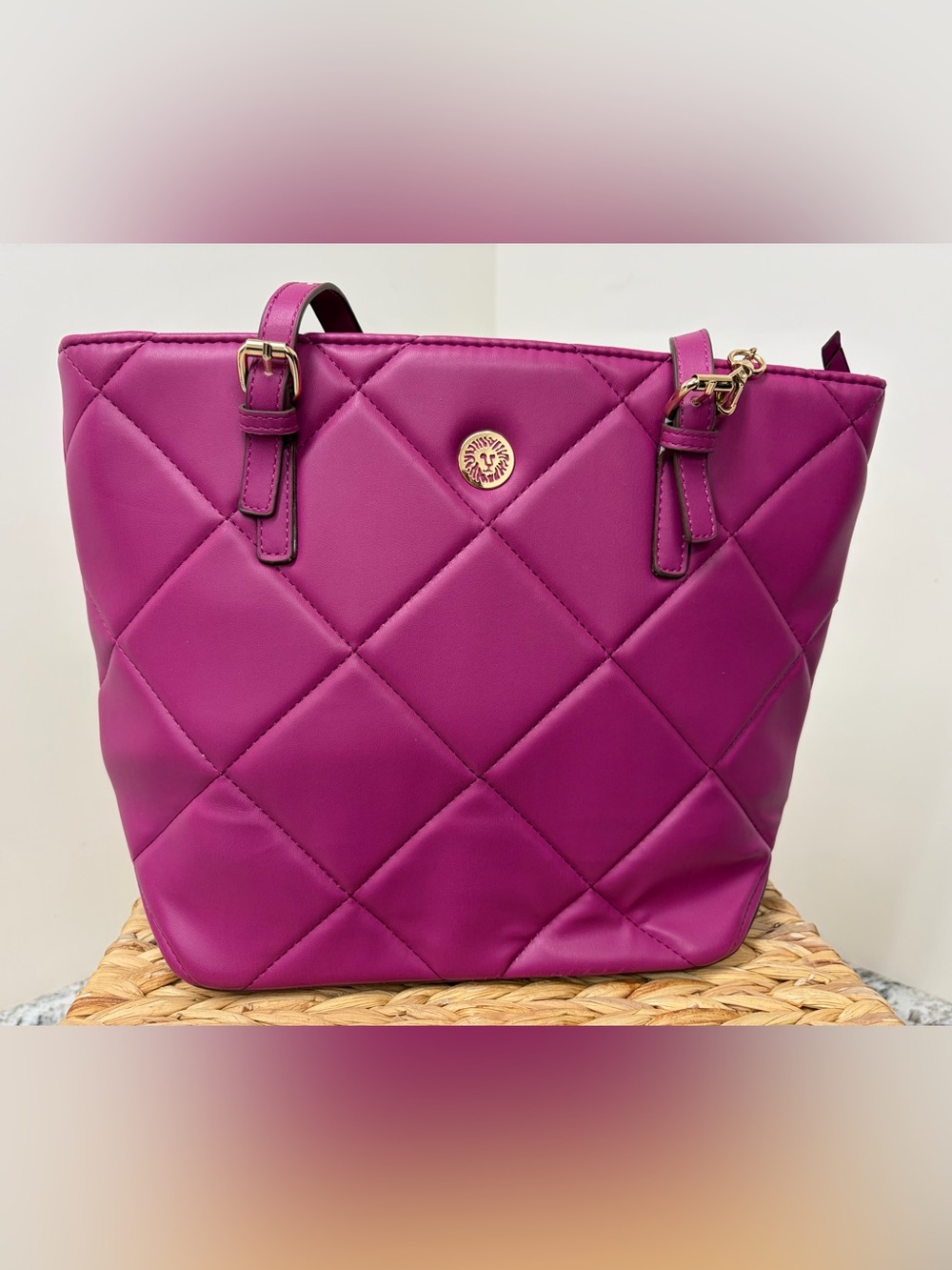 Anne Klein Quilted Magenta Shoulder Tote with Gold Accent